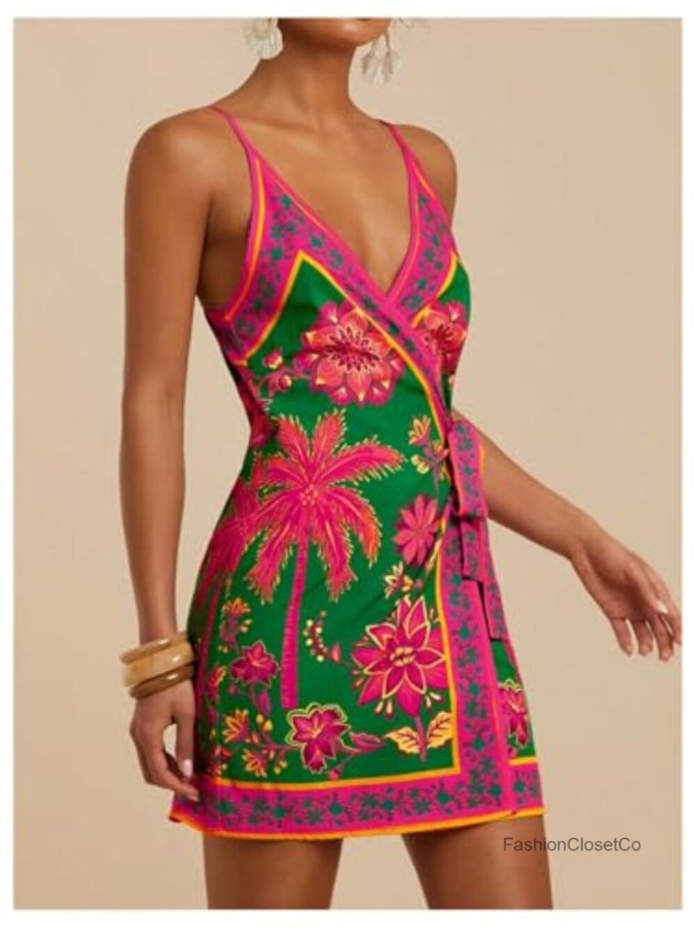 Satin Graphic Bow Tie Mini Wrap Dress Backless Spaghetti Strap - Picture 4 of 5